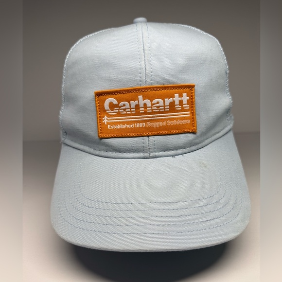 Carhartt Men’s Light Blue Canvas Mesh-Back Logo Patch Trucker Cap Hat Force - Picture 1 of 4